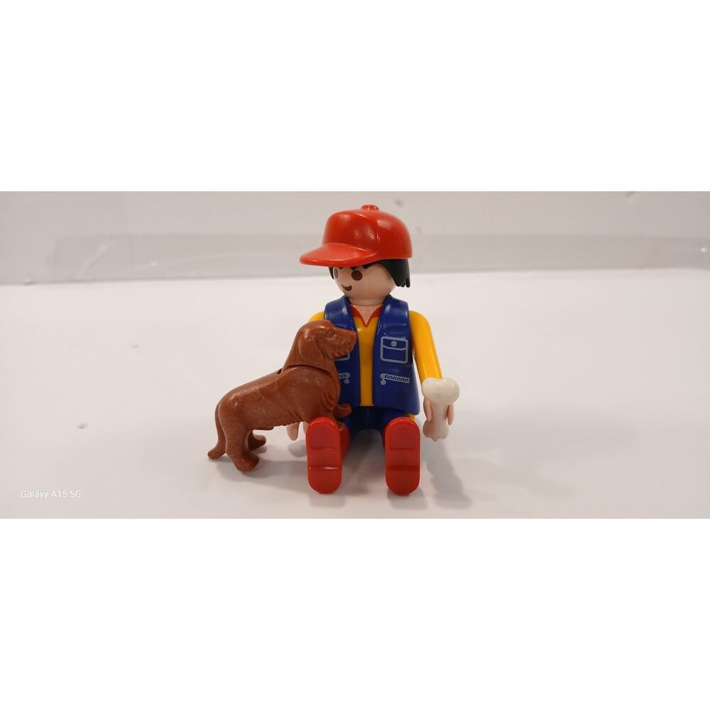 Playmobil City Life Horse Farm Farmer Man Red Cap Blue Vest with pet dog bone